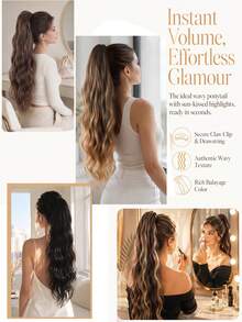 22 Inch Long Synthetic Wavy Ponytail Hair Extension For Women, Fashion Gradient Gold, Burgundy, Black, Brown, Heat-Resistant Material, Clip-In Ponytail For Party And Festival - Multicolor - View 6