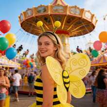 2pcs Cute Halloween Bee Costume Accessory Set, Includes Bee Headband And Wings. Plush Antenna Headband Paired With 3D Yellow And Black Striped Wings, Lightweight Mesh Material For Wearable Use. Suitable For Halloween Dress-Up, Cosplay, Theme Parties, Stage Performances, Parent-Child Activities. Adorable And Eye-Catching Holiday Outfit Gift - Yellow - View 1