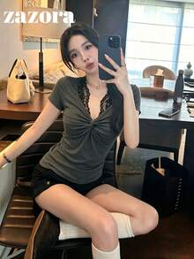 女款短袖T恤，蕾絲肩部設計，修身版型，2合1上衣，夏季款 - 灰色 - 查看 1