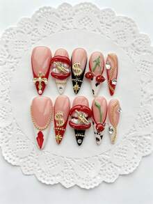 10 Peças Unhas Postiças Acrílicas Reutilizáveis de Luxo para Natal e Ano Novo, Estilo Y2K Hot Girl, Formato Amêndoa Longa, Francesa com Corrente, Strass, 3D, Lábios Vermelhos e Cereja, para Mãos, Férias, Looks de Férias, Formatura, Adequadas para Meninas, Feriados, Casamento e Festa - Vermelho e Branco - Visão 5
