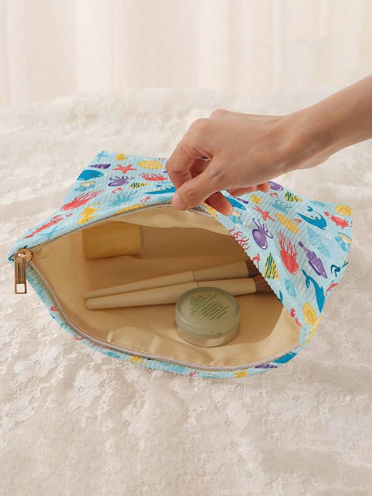 Bolsa de almacenamiento de cosméticos portátil con elementos oceánicos, patrón de pulpo y estrella de mar, impresión de doble cara, bolsa de maquillaje con cremallera para viajes, organizador multifuncional de artículos de tocador - Multicolor - Añade 2