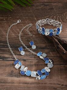 Cring Coco 3Pcs Irregular Geometric Women Blue Enamel Geometric Jewelry Set Chunky Statement Necklace Earrings Cuff Bracelet Boho Color Block Metal Accessory - Geometry 1 - View 4
