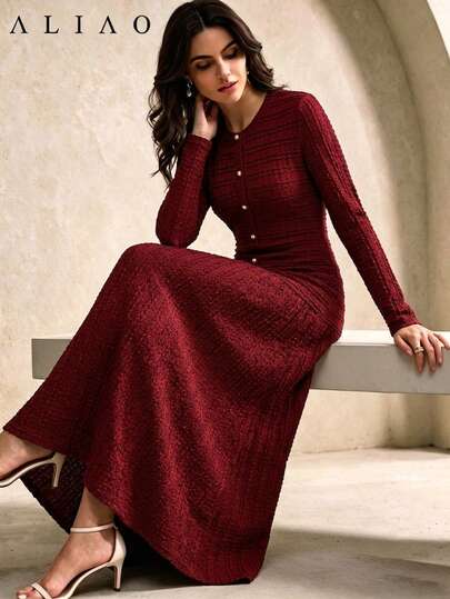 ALIAO Women's Autumn/Winter Vintage Romantic Textured Round Neck Mermaid Long Dress, French Elegant Style, Slim Fit Dress For Dating, Daily Wear, Street Style, Fashion Urban Style, Versatile Commuting, Back To School, Easter, Afternoon Tea, Wedding, Holiday Outfits