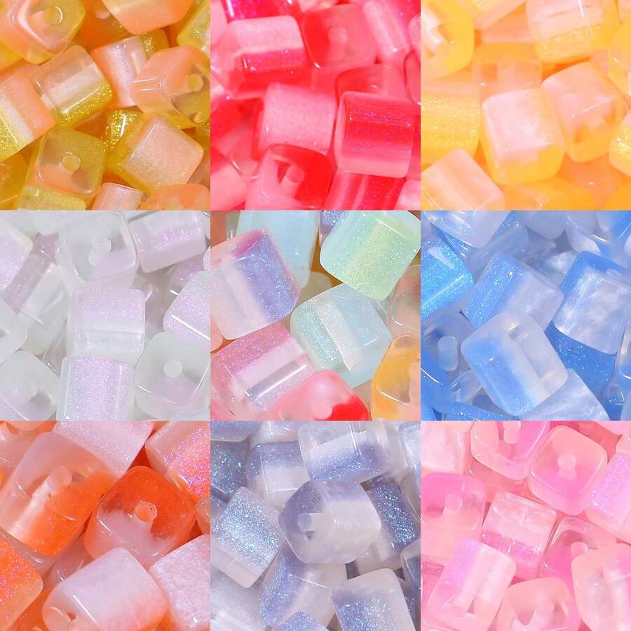 10pcs 8*8mm Mixed Color Color-Changing Galaxy Square Acrylic Beads With Holes, Decorative Handmade Beads For DIY Jewelry Making