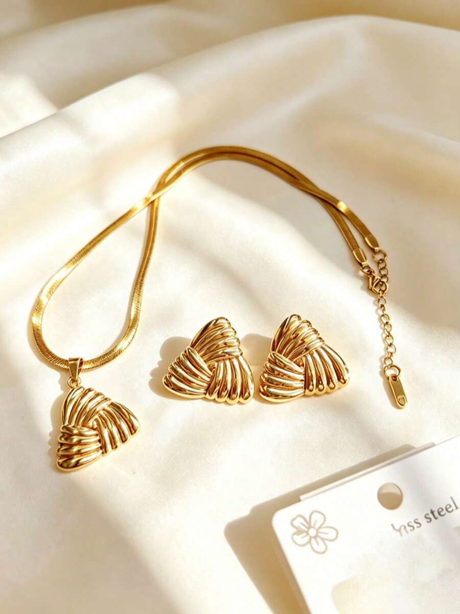 European And American Luxury Wrapped Triangle Stainless Steel Jewelry Set, Waterproof, Sweat-Proof, Hypoallergenic, 3D Twisted Texture Triangle Earrings And Snake Bone Necklace, Graduation Season, Photo Shoot, Vacation, Layered Wear, Atmosphere Set, Summer Beach, Music Festival, Vacation, Eye-Catching Atmosphere Accessory - Multicolor - View 1
