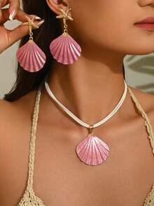 1 Set 3pcs Sweet Ocean Beach Vacation Style Oil Drop Creative Iridescent Starfish Shell Pendant Earrings Necklace Set Suitable For Women Daily Wear, Vacation, Party - Pink - View 1