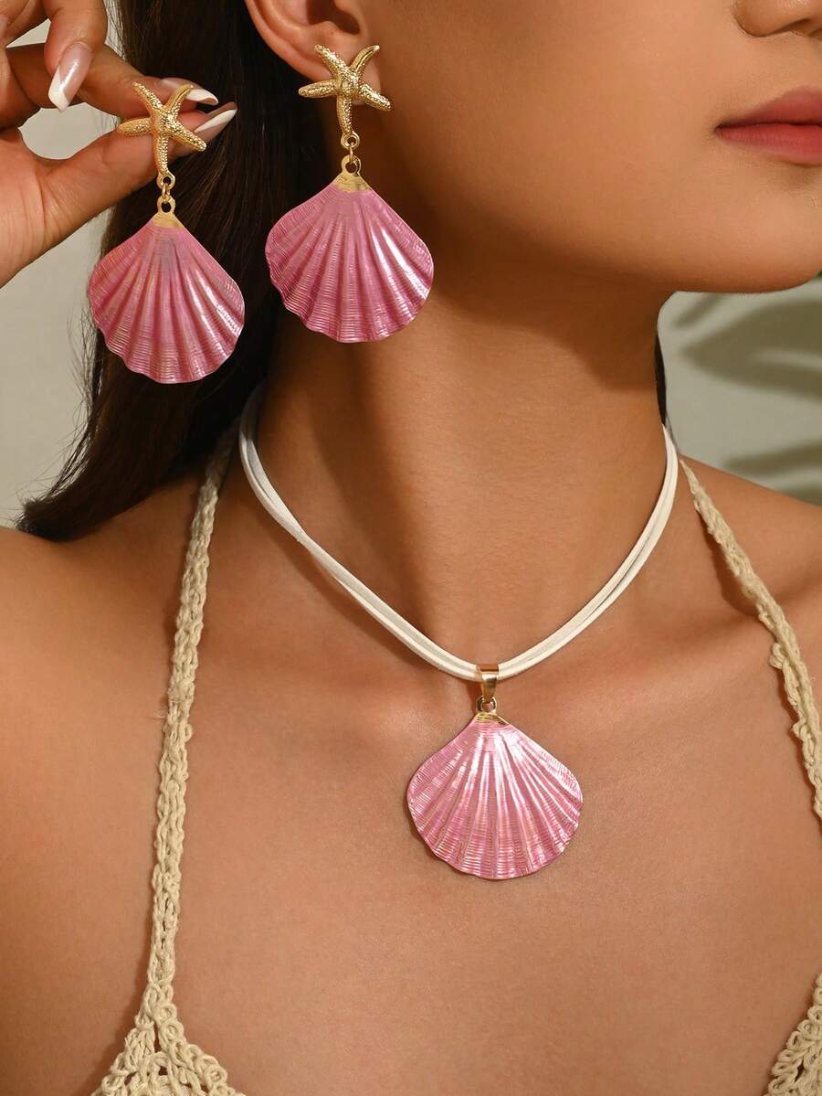 1 Set 3pcs Sweet Ocean Beach Vacation Style Oil Drop Creative Iridescent Starfish Shell Pendant Earrings Necklace Set Suitable For Women Daily Wear, Vacation, Party - Pink - View 1