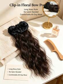 1pc Large Wavy Ponytail Pear Blossom Claw Clip, Realistic Natural Invisible Black Hair Extension, Fashionable Banana Clip With Floral Design, Premium Style For Women - Multicolor - View 7