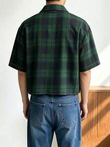 男士短版格紋短袖襯衫 復古街頭風鈕扣上衣 - 墨綠色 - 查看 2