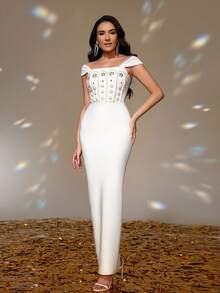 Love Aing Gaun Pesta Wanita Musim Panas Model Bodycon Berbahan Jala dengan Tali Bahu, Mutiara, dan Rhinestone, Seksi, Cocok untuk Pesta Koktail, Malam Hari, dan Acara Semi-Formal untuk Tamu Pernikahan. - Putih - View 6
