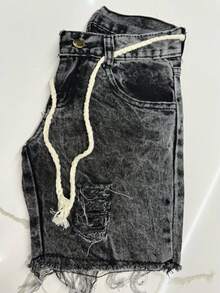 Shorts Bermuda Jeans Infantil Juvenil Rasgado com cordão Grafite Marmorizada Premium - Lavagem escura - Visão 2