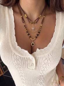 Juego de 2 collares vintage estilo occidental con piedra ojo de tigre y capas, cordón de ante sintético marrón, gargantilla de estilo bohemio para mujer - Multicolor 2 - Ver 1