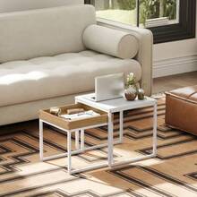 Mesa de centro moderna, juego de 2, mesa auxiliar, para espacios pequeños, cuadrada, MDF, metal, blanca - Blanco - Ver 6