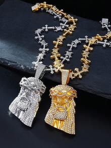 Iced Out Jesus Face Pendant Cross Cuban Chain Necklace, Gold Silver Two Tone Hip Hop Rhinestone Religious Jewelry For Men - Jesus Head Cross Hip Hop Necklace - View 3