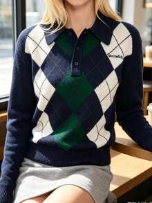 Women's Preppy Argyle Knit Polo Pullover Sweater, Long Sleeve, Medium Stretch, Suitable For Autumn/Winter Wear Vacation - Royal Blue - View 1