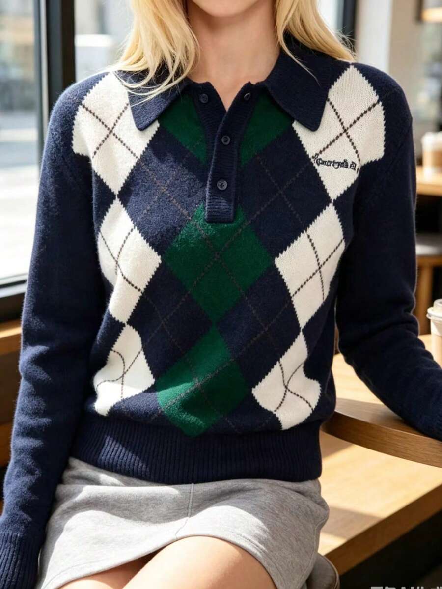 Women's Preppy Argyle Knit Polo Pullover Sweater, Long Sleeve, Medium Stretch, Suitable For Autumn/Winter Wear Vacation - Royal Blue - View 1
