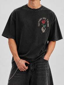 Men's Oversized Washed Graphic T-Shirt Skull Rose Print Streetwear T-Shirt Heavyweight Casual Summer Tee - Black - View 3