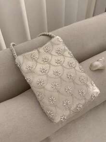 日韓風小眾設計 Ins 風花卉珠飾刺繡女款手機包，法式時尚百搭，優雅通勤、逛街、日常購物，單肩斜跨小包 - 白色 - 查看 5