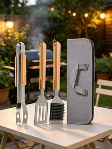 Komplett grillset i rostfritt stål med förvaringsväska, inklusive grilltång, stekspade, köttgaffel och rengöringsborste för trädgårdsgrillen - 5 st - Visa 1