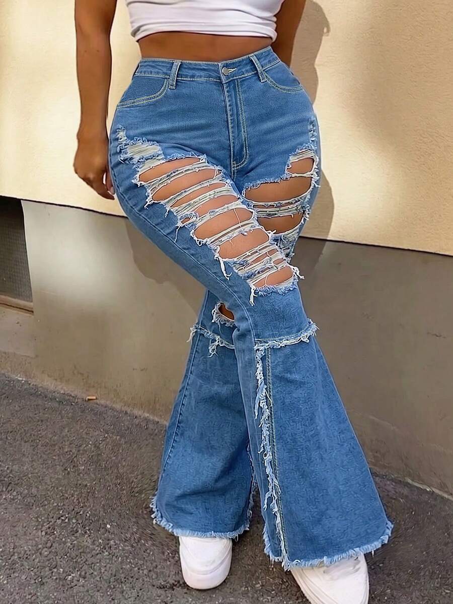 Plus Size Denim Straight Leg Jeans For Women, Medium Stretch Long Pants With Zipper Details, Perfect For Fall Women's Clothes - Blue - View 1