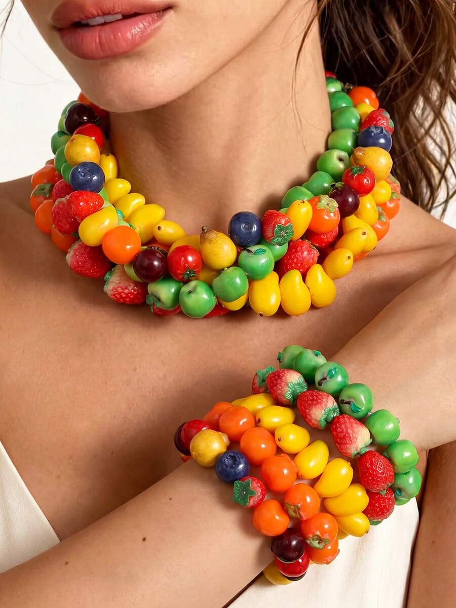 NAIZHU 1/2pcs Fashion Creative Colorful Y2K Dopamine Resin Fruit Necklace Strawberry Apple Necklace Daily Party Accessory - Multicolor - View 1