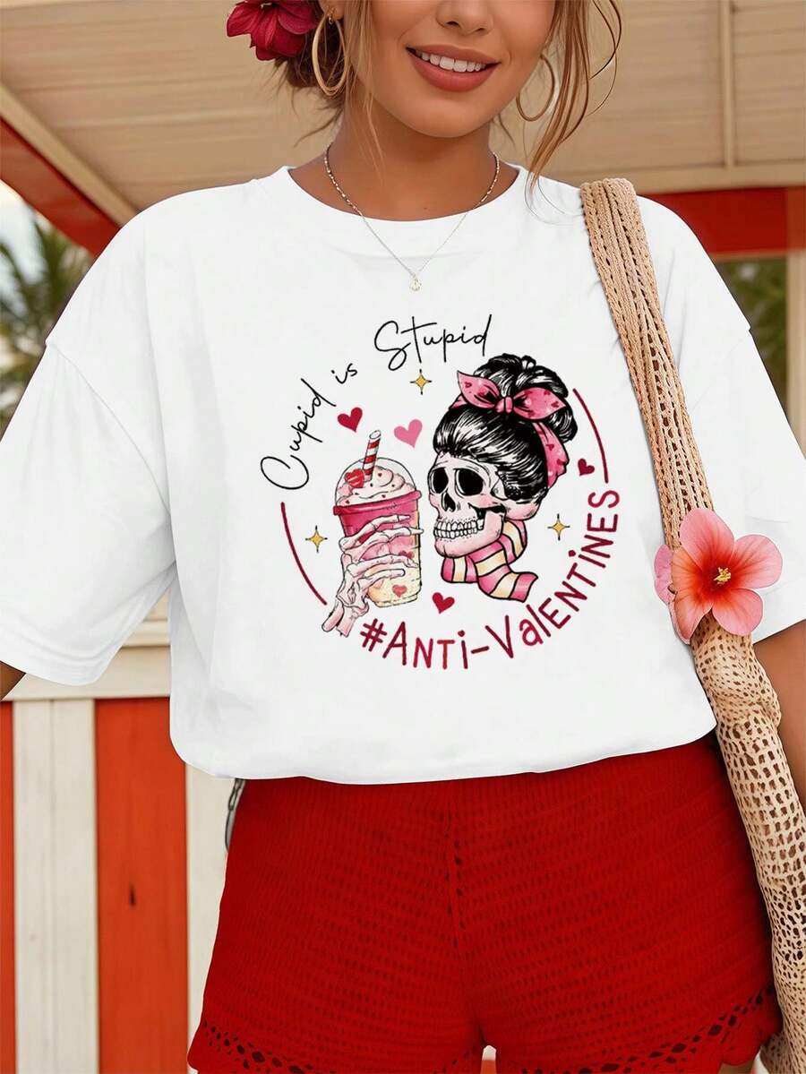 Anti-Valentine's Day Skull Graphic T-Shirt, Soft Cotton, Crew Neck, Loose Fit, Comfortable, Graphic Design - White - View 1