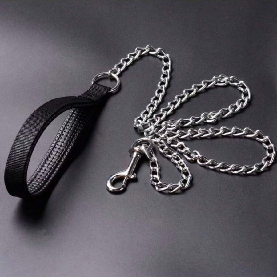 1pc Pet Leash, Metal Chain 1.2-1.8m/47-70in, Soft Black Woven Strap Foam Handle, Strong Anti-Bite Dog Chain, Suitable For Dogs, Cats Pet Chain And Pet Dog Walking Leash - Black - View 1