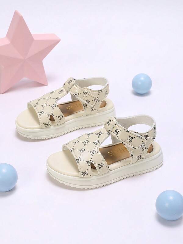 Children's Bear Dotted Print Beige Pastoral Style Casual Summer Hook And Loop Sandals, Accompanying You Through Every Comfortable Day