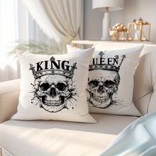 2pcs White Background Vintage Sketch Crown Skull Print Halloween Decorative Pillow Covers, Dark Vintage Style Bedroom Decor | Living Room Decor | Room Decor, Polyester Square Single-Sided Printed Cushion Covers, Living Room Sofa Homestay Window Halloween Party Personalized Autumn/Winter Soft Decoration, Zipper Closure Without Pillow Insert - Black and White - View 7