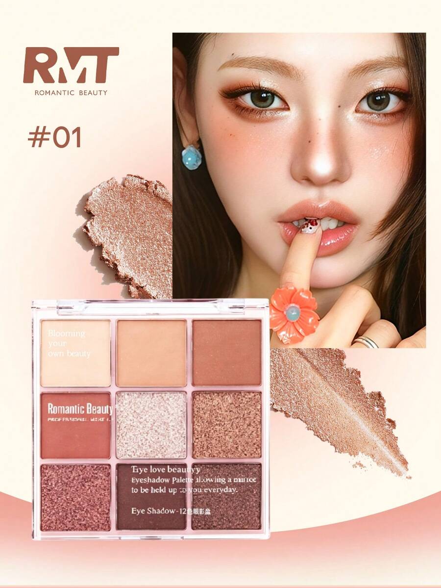 Romantic Beauty RMT 9-Color Eyeshadow Palette, Shimmering Pink Eyeshadow Palette, Long-Lasting Makeup, Daily Use, Gift For Mother, Gift For Girlfriend, Gift For Sister - #01 - View 1