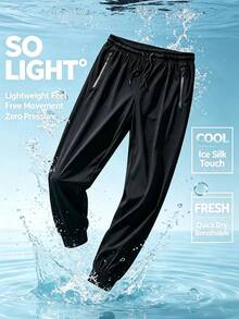 1pc Men's Summer Cuffed Joggers, Elastic Drawstring Waist, Side Zipper Pockets, Casual Sports Pants, Suitable For Fitness, Running And Daily Wear - Black - View 4