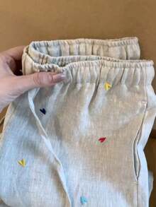 Women's Old Money Style Heart Embroidery Linen Casual Versatile Wide Leg Pants White - White - View 2