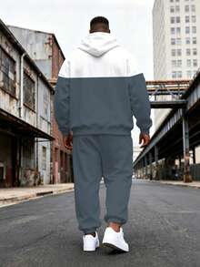 2pcs/Set Setelan Pria Ukuran Besar Kasual Warna Kontras Hoodie & Celana Olahraga dengan Huruf "BALANCE", Pakaian Olahraga Longgar Gaya Streetwear Musim Semi - Dusty Blue - View 2