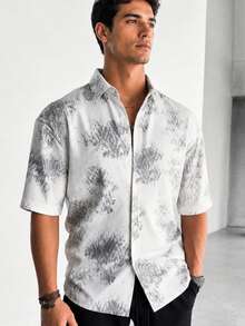 1pc Men's Black Tie-Dye Textured Collared Short Sleeve Shirt, Knit Fabric, Thick And Wrinkle-Resistant, Machine/Hand Washable, Business Casual Cardigan, Suitable For Summer Street, Daily, And Vacation, Old Money Style - Black - View 1