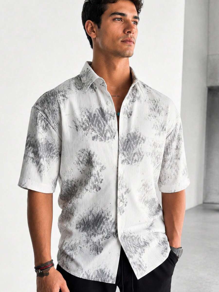 1pc Men's Black Tie-Dye Textured Collared Short Sleeve Shirt, Knit Fabric, Thick And Wrinkle-Resistant, Machine/Hand Washable, Business Casual Cardigan, Suitable For Summer Street, Daily, And Vacation, Old Money Style - Black - View 1