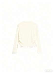 女款春季圓領拼接設計 2 合 1 百褶百搭長袖 T-shirt 上衣 - 杏色 - 查看 2