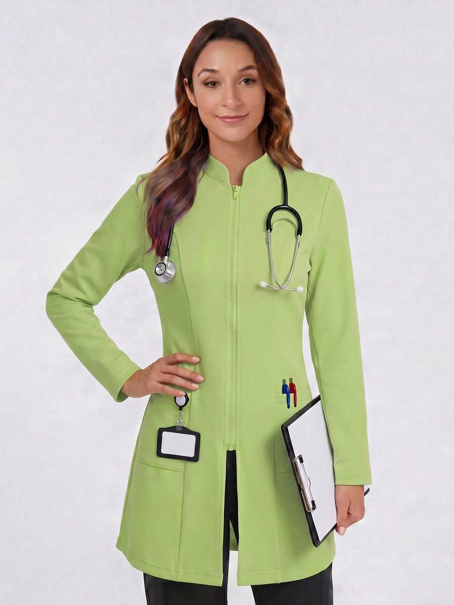 Long Sleeve Lab Coat With Pockets And Zipper Front, Lab Scrub Jacket - Mint Green - View 1