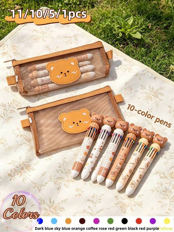 11/10/5/1pc - Cute Bear Transparent Mesh Pencil Case Pencil Bag With 10 Colors Cute Bear Cartoon Ballpoint Pens, Back To School, First Day Of School