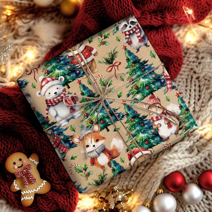 1 Roll Christmas Wrapping Paper With Christmas Tree, Hedgehog, Fox, Bear And Various Animals, 43x500cm(17x197in), Featuring Snowflakes, Snowman, Christmas Reindeer, Snow House, Paw Prints, Suitable For Christmas, Halloween, Family Gathering, Birthday Party Gift Wrapping