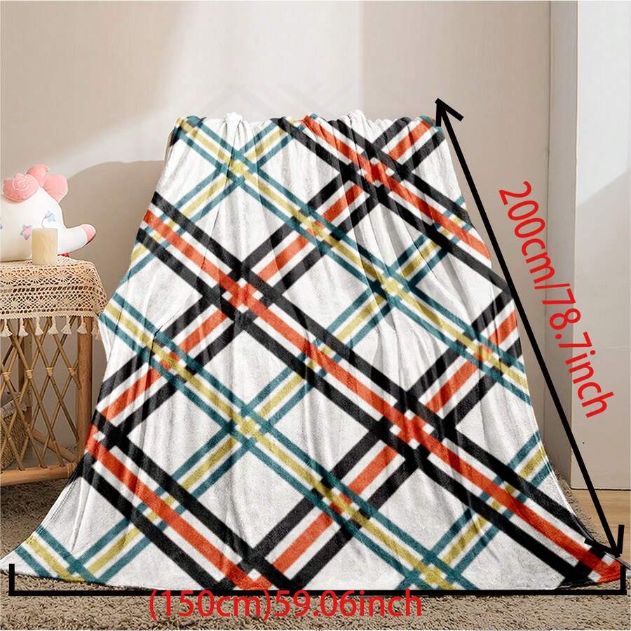 Grid Print Flannel Blanket Digital Print 1pc - Mocha Brown - View 1