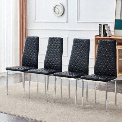 Set Of 4 Dining Chairs With Diamond Pattern/Highly Elastic PU Leather Dining Chairs/Rustproof Metal Chair Legs/Higher Backrest/Suitable For Kitchen, Living Room, Cafes And Home Office Areas
