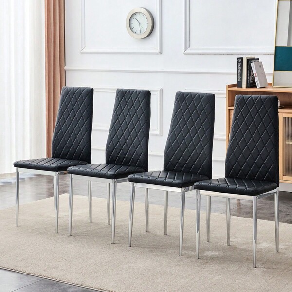 Set Of 4 Dining Chairs With Diamond Pattern/Highly Elastic PU Leather Dining Chairs/Rustproof Metal Chair Legs/Higher Backrest/Suitable For Kitchen, Living Room, Cafes And Home Office Areas