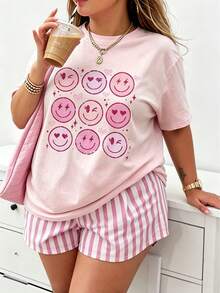 2pcs Plus Size Vintage American Style Cartoon Print, Striped Colorblock Casual INS Style Women's Pajama Set - Pink - View 3