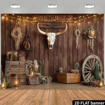 Banner Datar 2D Tema Koboi Country Western, Latar Belakang Poliester, Mudah Dibersihkan, Dengan Pola Tengkorak Banteng dan Kaktus, Cocok Untuk Pesta Dalam/Luar Ruangan, Pernikahan, Dekorasi Rumah, Properti Studio, Dekorasi Gantung Pintu Garasi, Pesta Liburan, dan Berbagai Acara Lainnya.