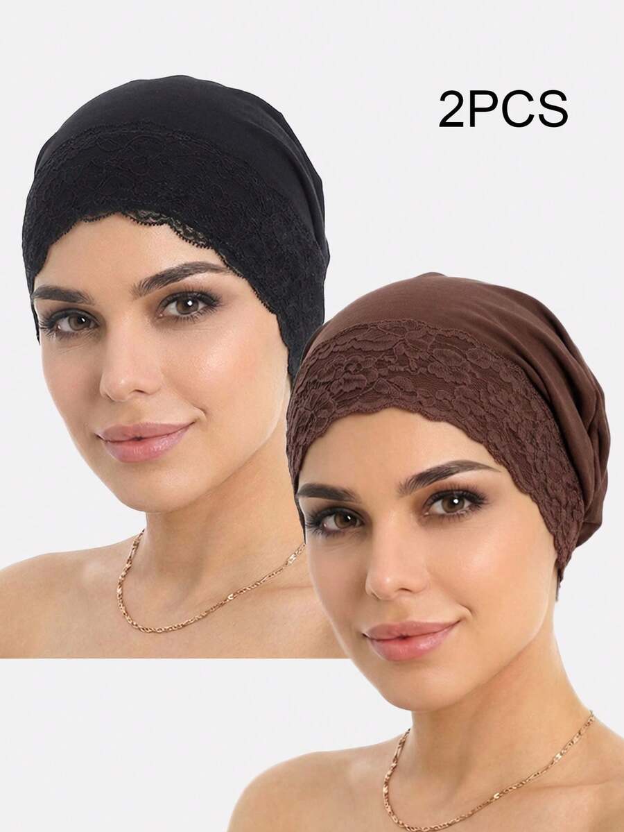 2pcs Lace Trim Bonnet Muslim Headscarf Sleep Cap Headwrap Maternity Cap Suitable For Daily Use - Multicolor - View 1