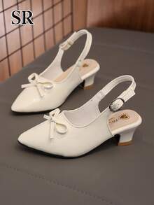 Girls' Shiny Pointed Toe Adjustable Buckle High Heel Sandals, Vintage Elegant High Heels, Flower Girl Party Princess Shoes - Beige - View 3