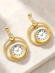 Unique Watch Pendant Earrings, Gold Round Dangle Earrings, Novel Clock Jewelry Earrings, Vintage Style Statement Earrings, Creative Design Earrings - Multicolor - View 9
