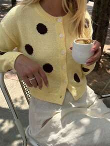 Cardigan Polkadot Vintage Wanita, Sweater Lengan Panjang Leher Bulat Kancing Depan, Cocok untuk Musim Gugur/Musim Dingin - Kuning - View 9