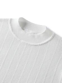 Men's White Ribbed Half-High Neck Short Sleeve Knit Pullover T-Shirt, Textured Slim Fit Casual Commuter Top For Spring, Summer, Autumn - White - View 7
