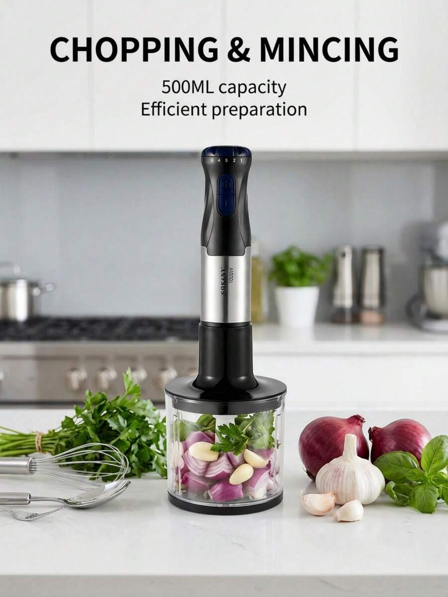 SOKANY 1000W 高功率靜音手持式浸入式攪拌機,4合1多功能,5段可調速,不鏽鋼材質,附打蛋器、500ML食物切碎機、700ML量杯,防濺刀片,適用於奶昔、奶油、湯品、嬰兒食品、堅果研磨、烘焙 - 銀色 - 查看 1